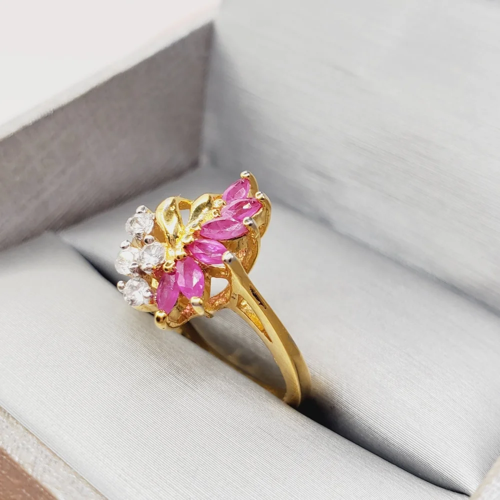 Genuine Marquise Pink Ruby - Simulated Diamonds - 18k Yellow Gold Plated Ring